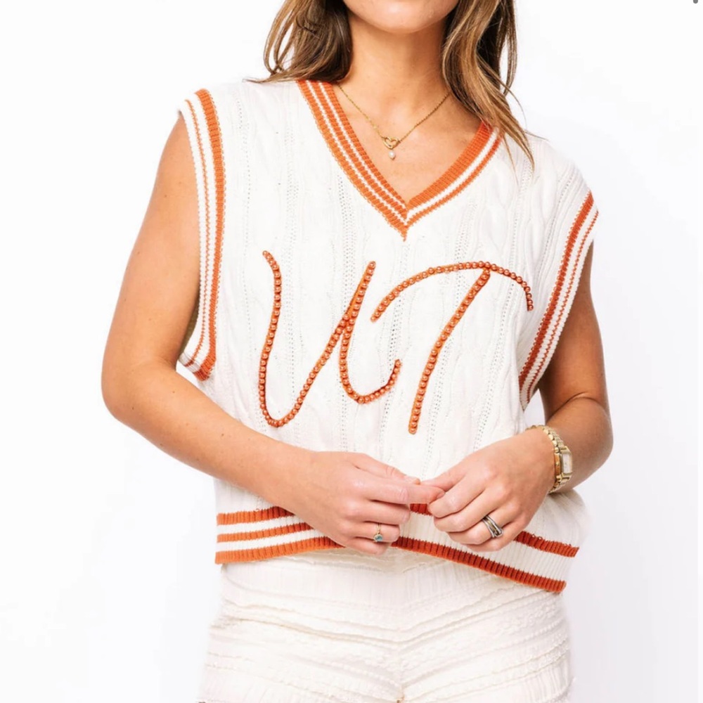 Queen of Sparkles Licensed- White & Burnt Orange Pearl 'UT' V Neck Sweater Vest